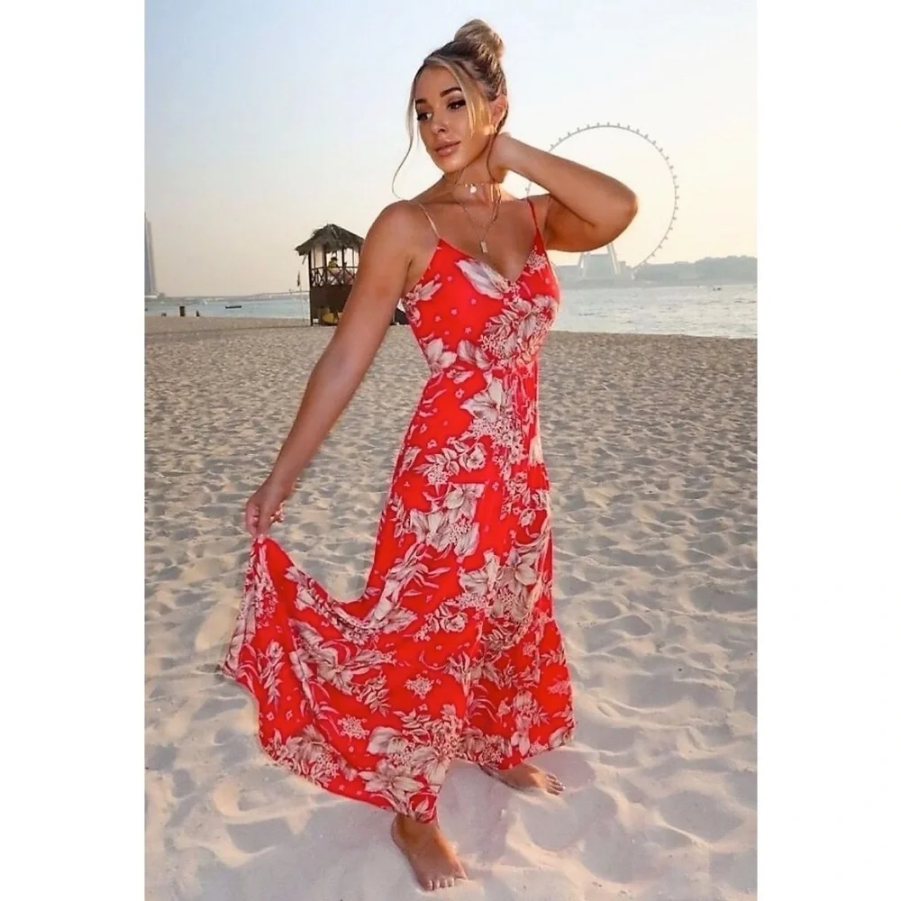 Red Floral Print Sleeveless V-Neck Long Flowy Maxi Dress - Picture 4 of 7